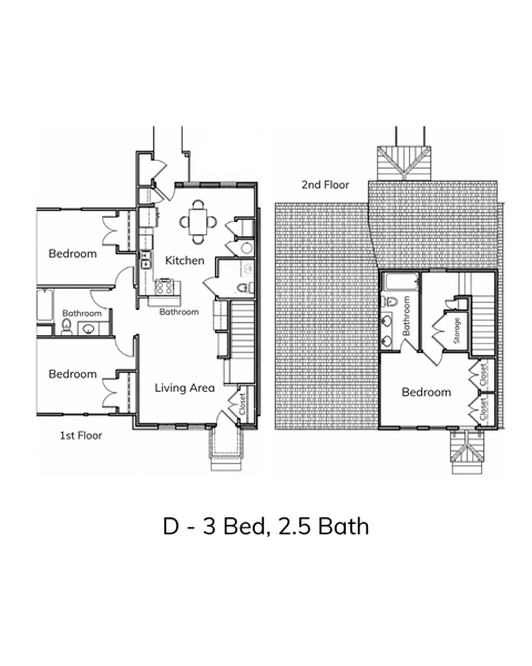 Floor plan for 3 beds, 2.5 baths, 1253 sqft