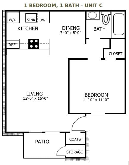 Floor plan for 1 bed, 1 bath, 536 sqft