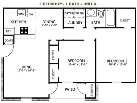 Floor plan for 2 beds, 1 bath, 782 sqft