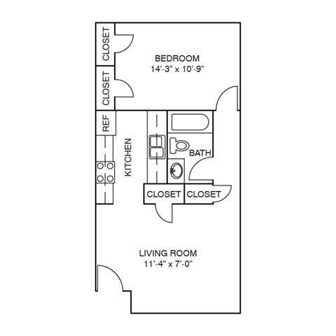 Floor plan for 1 bed, 1 bath, 594 sqft