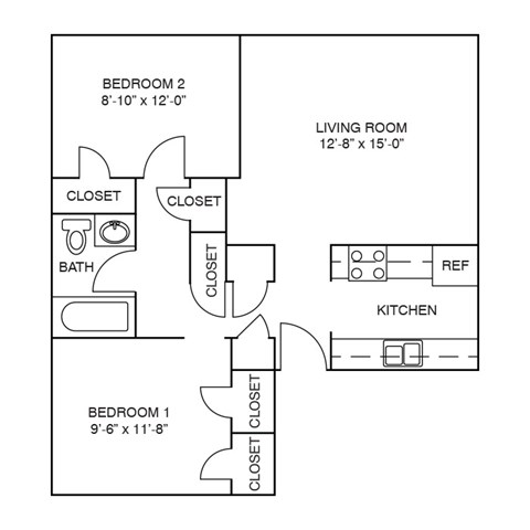 Floor plan for 2 beds, 1 bath, 761 sqft