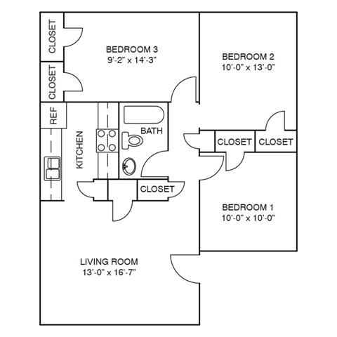 Floor plan for 3 beds, 1 bath, 882 sqft
