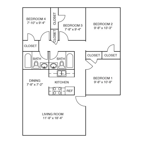 Floor plan for 4 beds, 2 baths, 1029 sqft