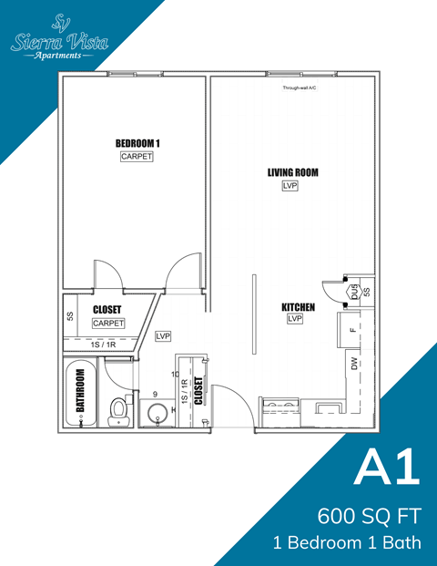 Floor plan for 1 bed, 1 bath, 600 sqft