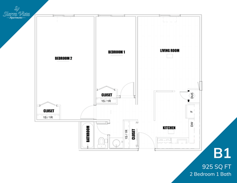 Floor plan for 2 beds, 1 bath, 925 sqft