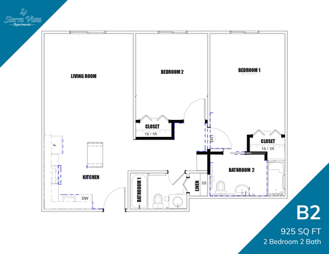 Floor plan for 2 beds, 2 baths, 925 sqft