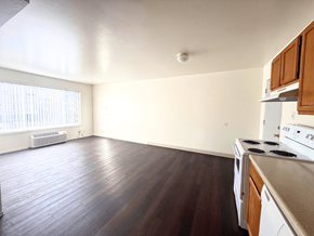 Denver apartment for rent - A kitchen with white appliances and wooden floors at Townview Plaza Apartments, Denver, Colorado.