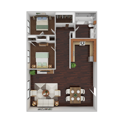 Floor plan for 2 beds, 1 bath, 670 sqft