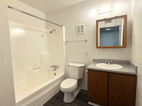 Arvada apartment for rent - A white toilet sits next to a sink in a small bathroom.