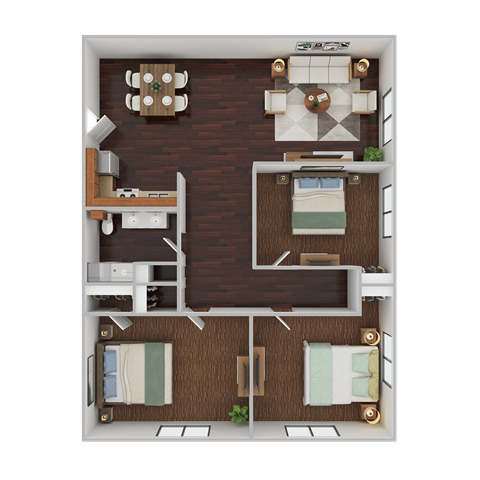 Floor plan for 3 beds, 1 bath, 770 sqft