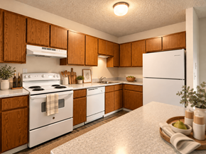 Arvada apartment for rent - A kitchen with white appliances and wooden cabinets.