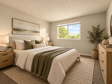 Arvada apartment for rent - A bedroom with a large bed and a painting on the wall.