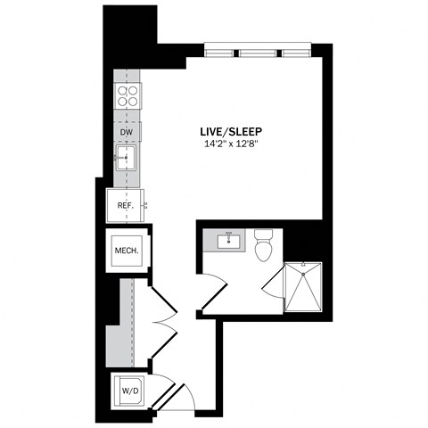 Floor plan for studio, 1 bath, 451 sqft