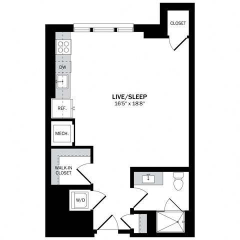 Floor plan for studio, 1 bath, 576 sqft