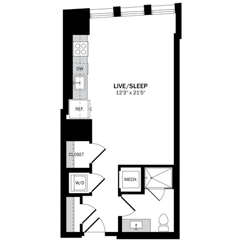 Floor plan for studio, 1 bath, 517 sqft