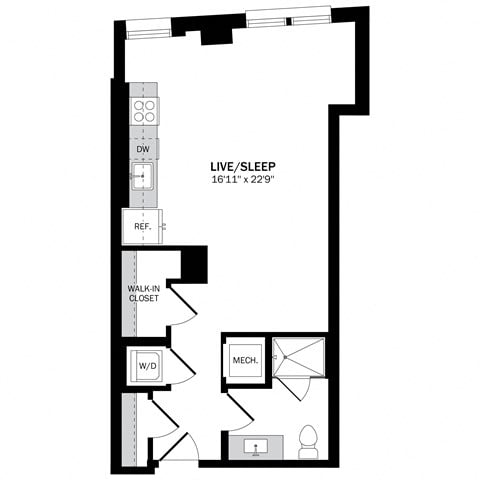 Floor plan for studio, 1 bath, 553 sqft