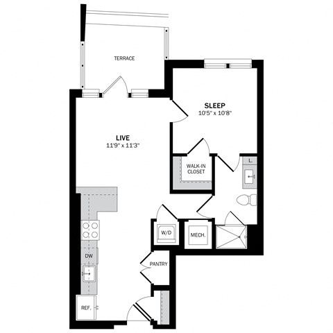 Floor plan for 1 bed, 1 bath, 637 sqft