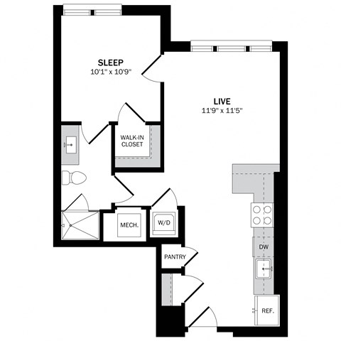 Floor plan for 1 bed, 1 bath, 650 sqft