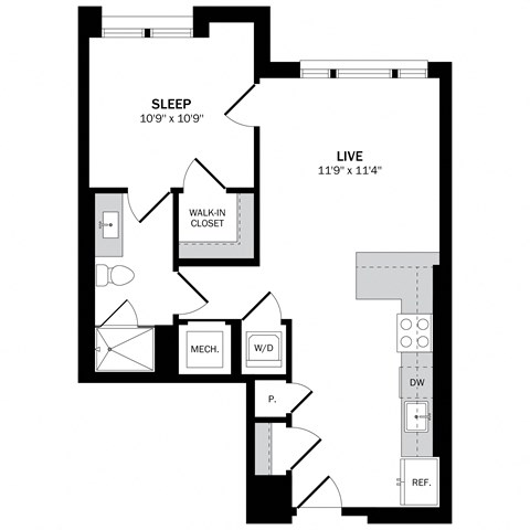 Floor plan for 1 bed, 1 bath, 650 sqft