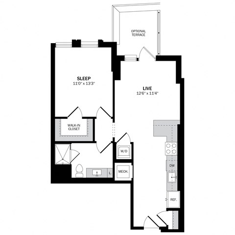 Floor plan for 1 bed, 1 bath, 722 sqft