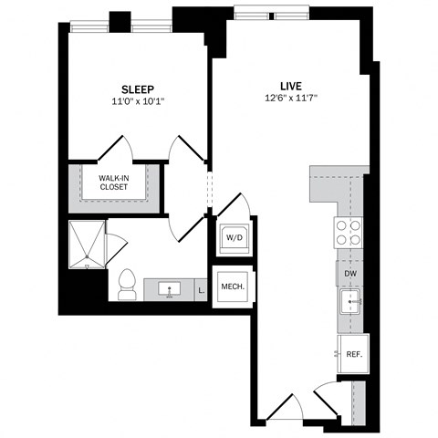Floor plan for 1 bed, 1 bath, 680 sqft