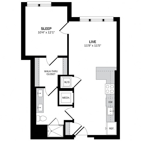 Floor plan for 1 bed, 1 bath, 693 sqft
