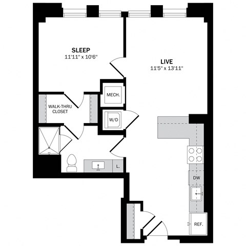 Floor plan for 1 bed, 1 bath, 686 sqft