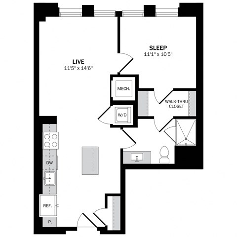 Floor plan for 1 bed, 1 bath, 681 sqft
