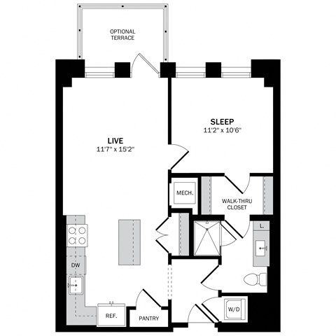 Floor plan for 1 bed, 1 bath, 699 sqft
