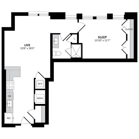 Floor plan for 1 bed, 1 bath, 772 sqft