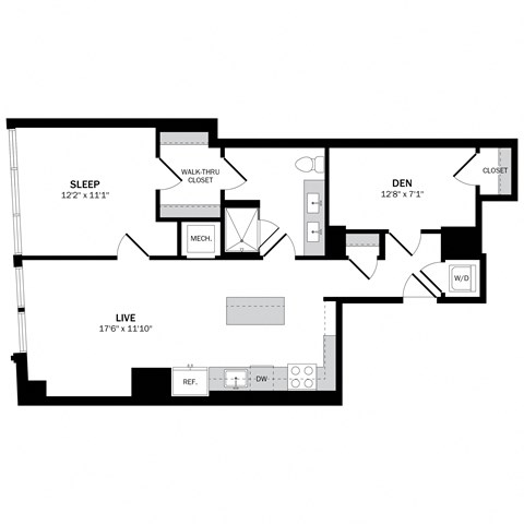 Floor plan for 1 bed, 1 bath, 857 sqft