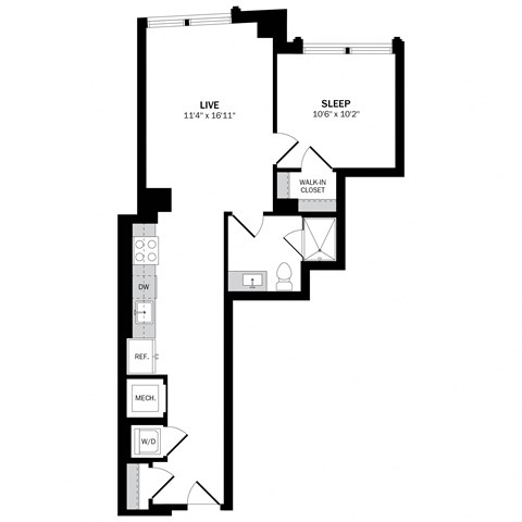 Floor plan for 1 bed, 1 bath, 688 sqft
