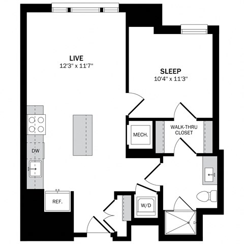 Floor plan for 1 bed, 1 bath, 651 sqft