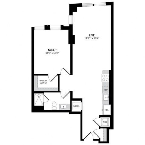 Floor plan for 1 bed, 1 bath, 856 sqft