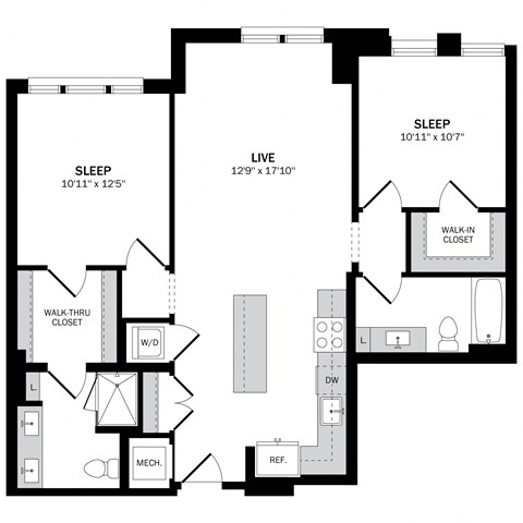 Floor plan for 2 beds, 2 baths, 1050 sqft