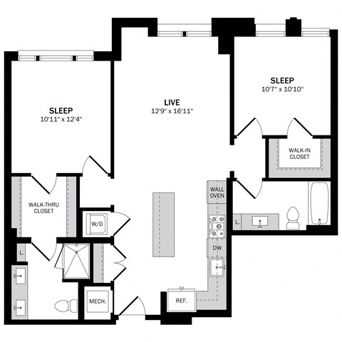 Floor plan for 2 beds, 2 baths, 1050 sqft