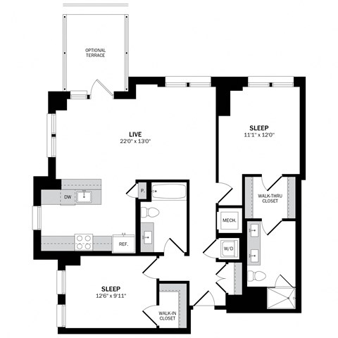 Floor plan for 2 beds, 2 baths, 1151 sqft