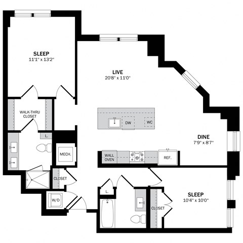 Floor plan for 2 beds, 2 baths, 1113 sqft