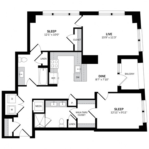Floor plan for 2 beds, 2 baths, 1144 sqft