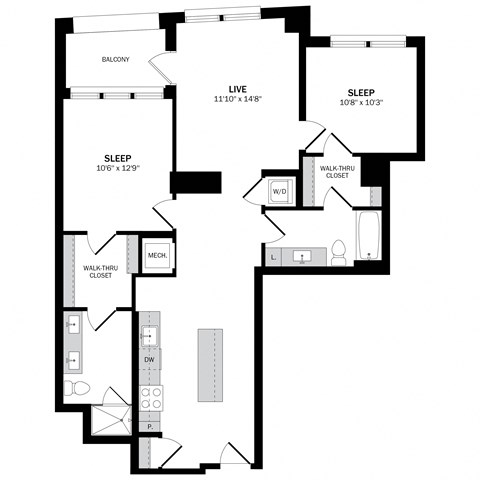 Floor plan for 2 beds, 2 baths, 1102 sqft