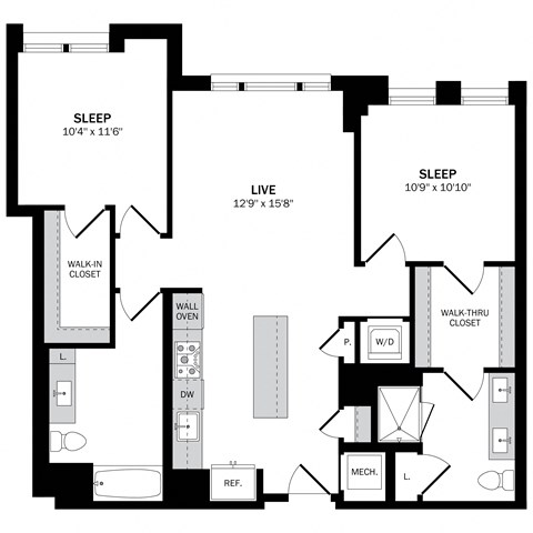 Floor plan for 2 beds, 2 baths, 1053 sqft