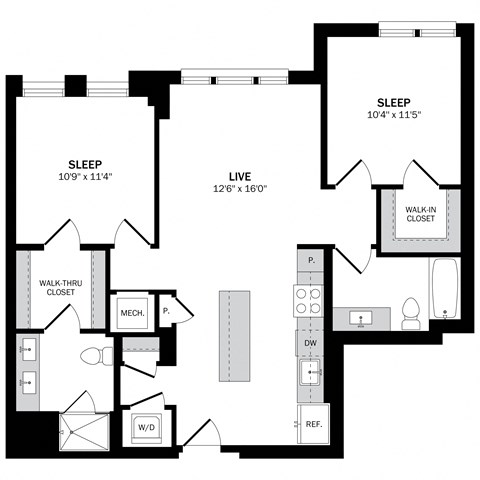 Floor plan for 2 beds, 2 baths, 998 sqft