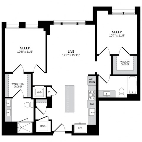 Floor plan for 2 beds, 2 baths, 998 sqft