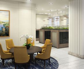 Bethesda apartment for rent - A dining room with a table set for four and a large painting on the wall.
