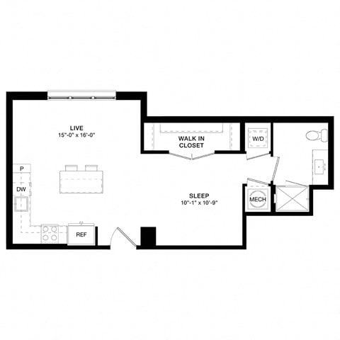 Floor plan for studio, 1 bath, 580 sqft