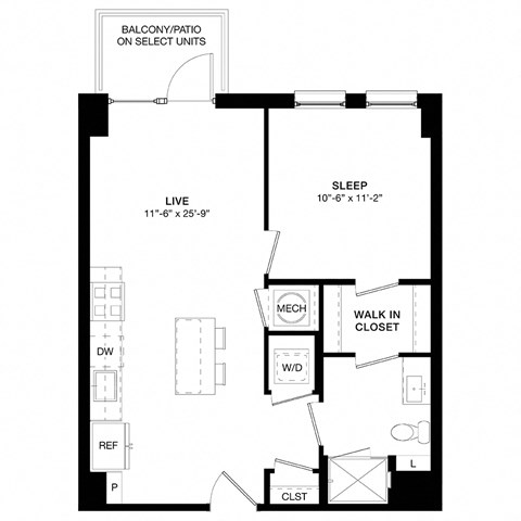 Floor plan for 1 bed, 1 bath, 624 sqft