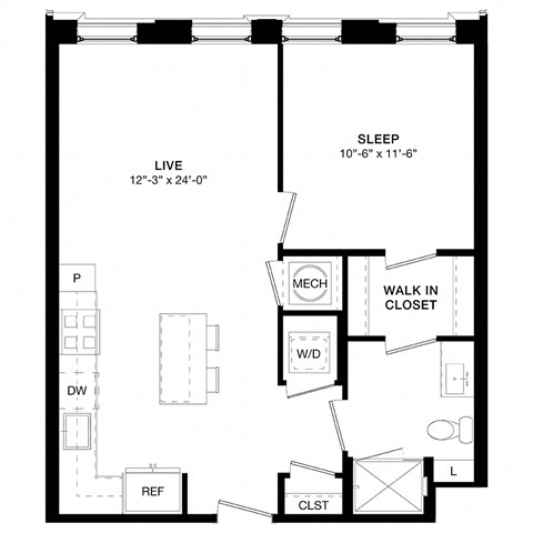 Floor plan for 1 bed, 1 bath, 629 sqft