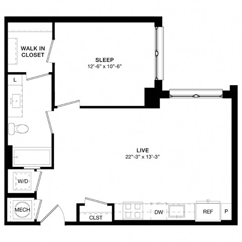 Floor plan for 1 bed, 1 bath, 662 sqft