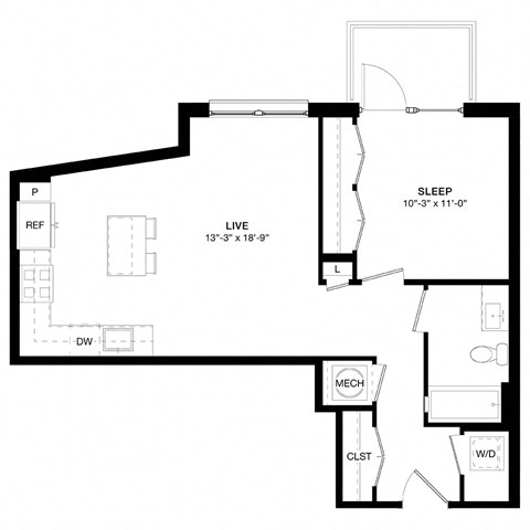 Floor plan for 1 bed, 1 bath, 657 sqft