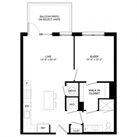 Floor plan for 1 bed, 1 bath, 691 sqft